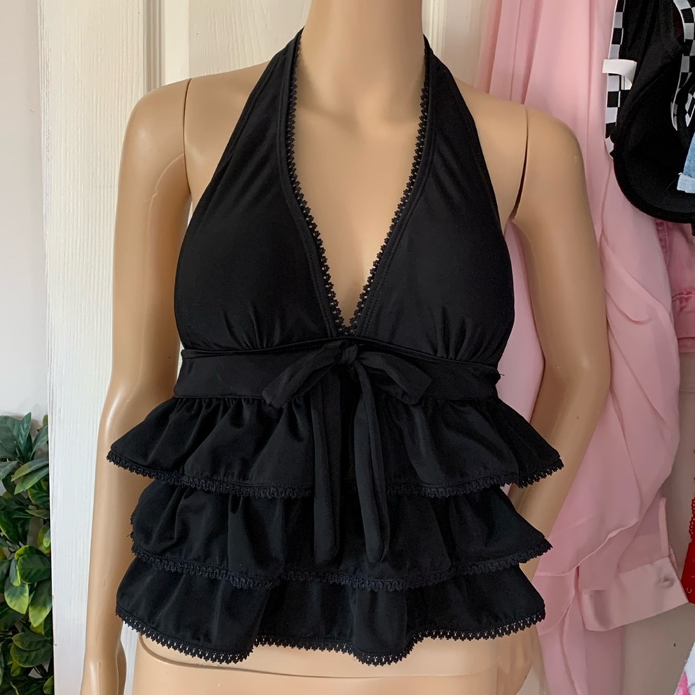 Y2K Black ruffle frilly tankini backless halter swim top M